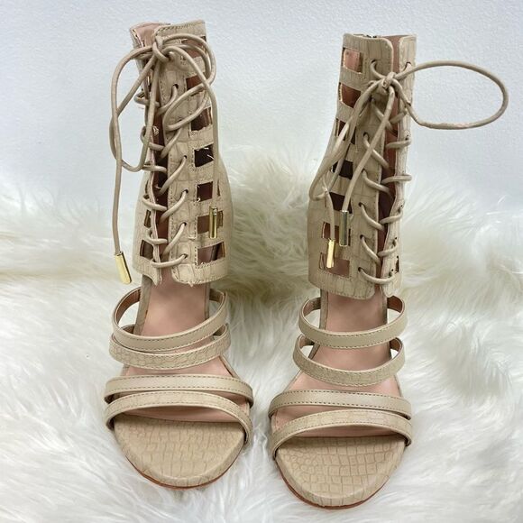 bebe | strappy open toe cream sandal stiletto 7.0 4” heel back zipper closure. - Picture 4 of 10